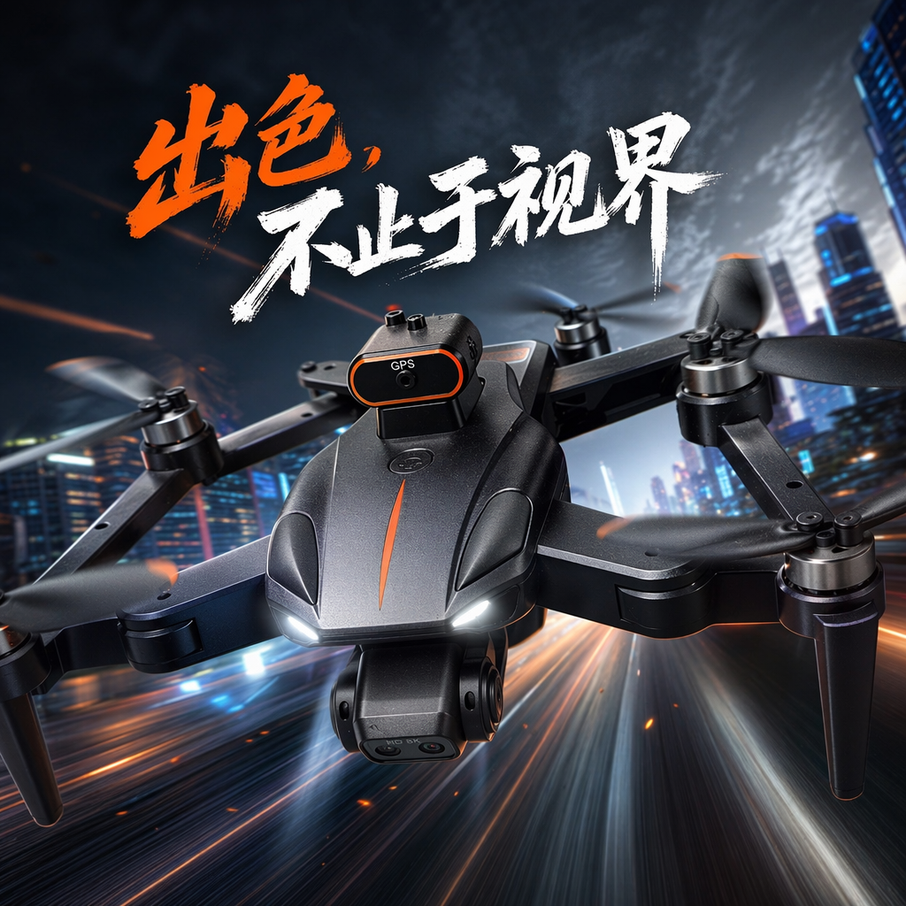Black drone with orange decorative strips, GPS module, foldable arm, propeller, HD8K camera Specification image