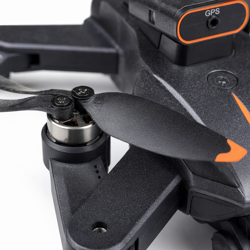 Black drone with orange decorative strips, GPS module, foldable arm, propeller, HD8K camera Application Scenario
