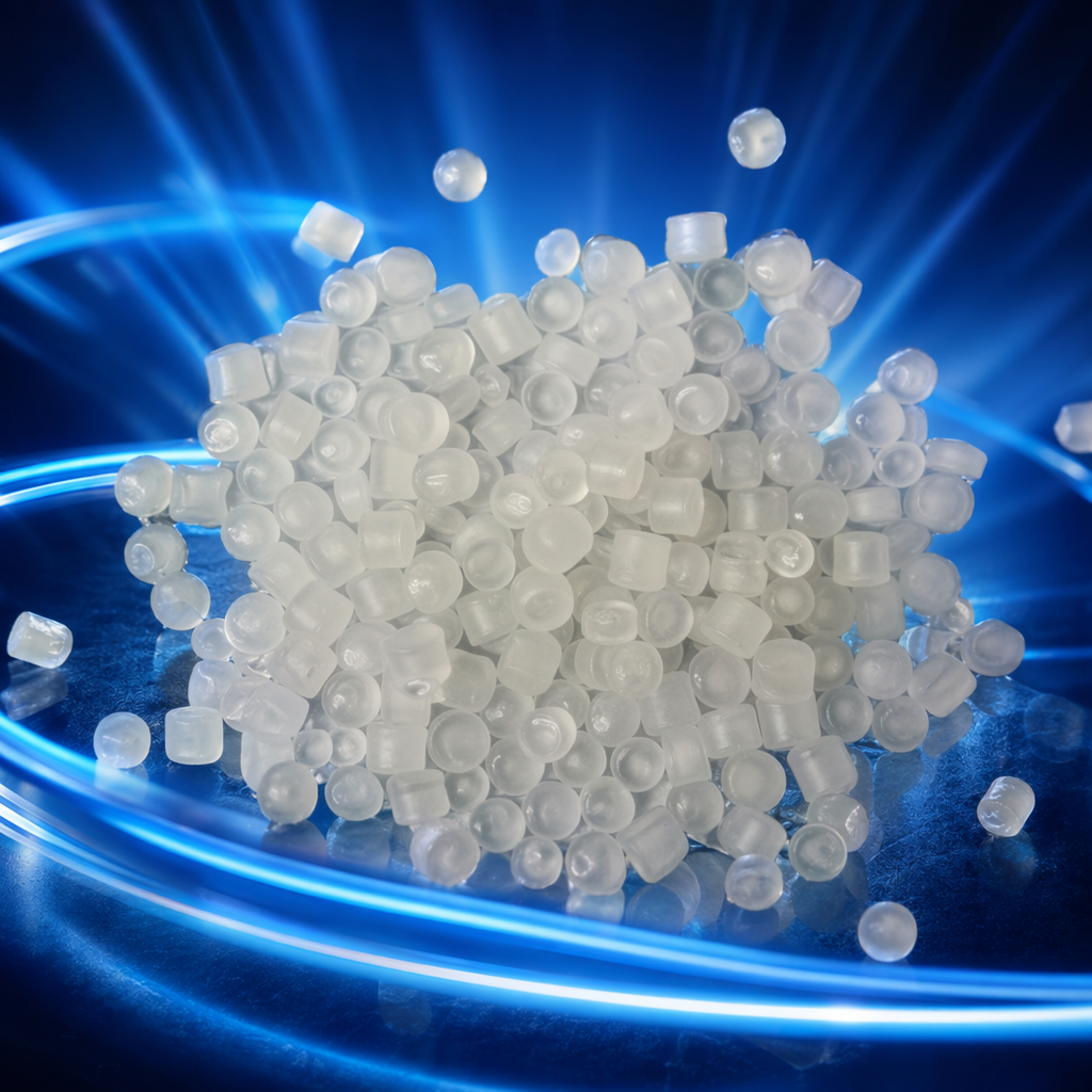 White semi-transparent granular plastic particles, made of general engineering plastic raw materials PP and PE Specification image