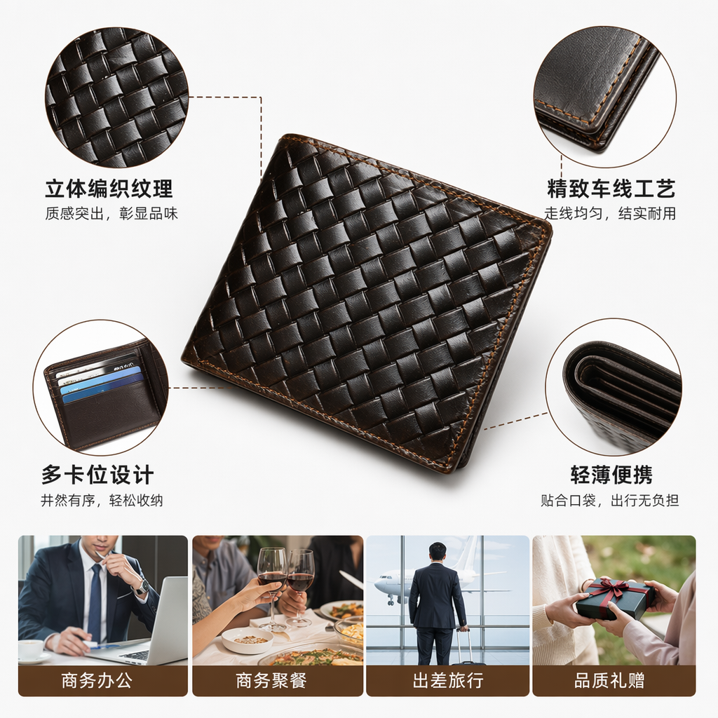 A simple and retro men's dark brown woven texture leather wallet
