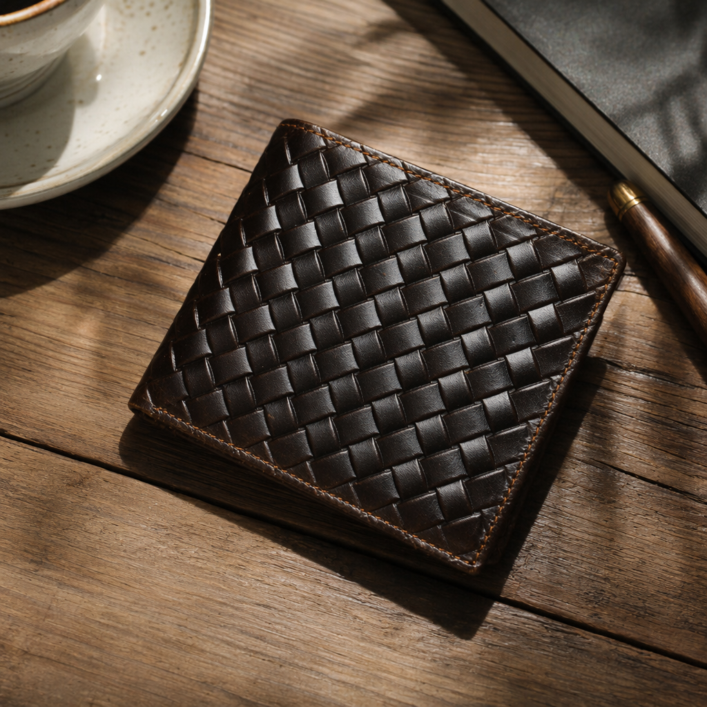 A simple and retro men's dark brown woven texture leather wallet details Picture