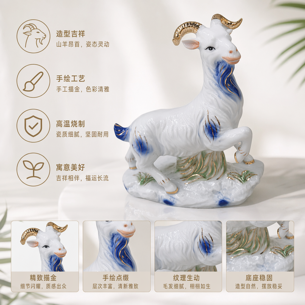 A white porcelain sheep statue with golden horns and a blue-green decorative home decor