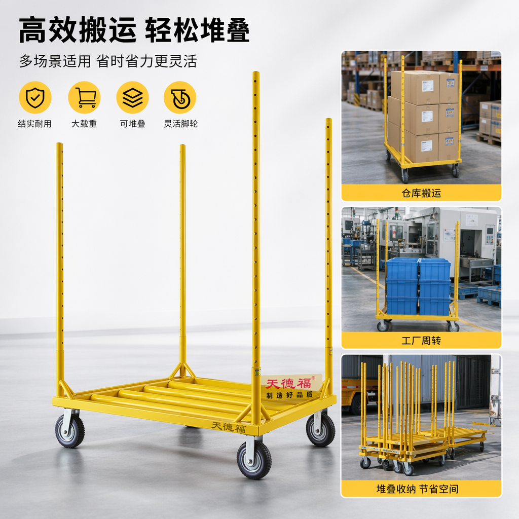 黄色货架推车家用可折叠移动手推车承重耐用多功能