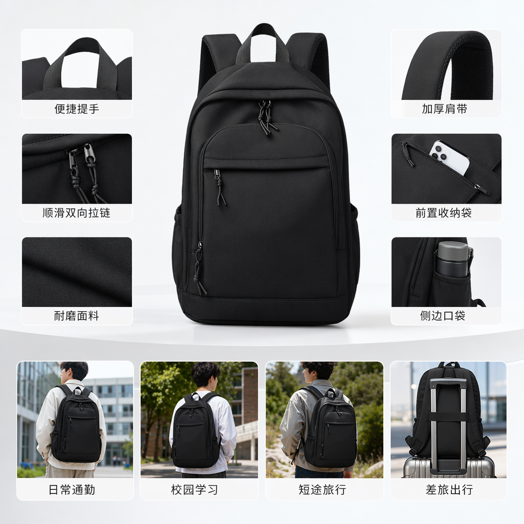 Black simple business casual backpack, suitable for both men and women, lightweight and large-capacity for commuting and travel