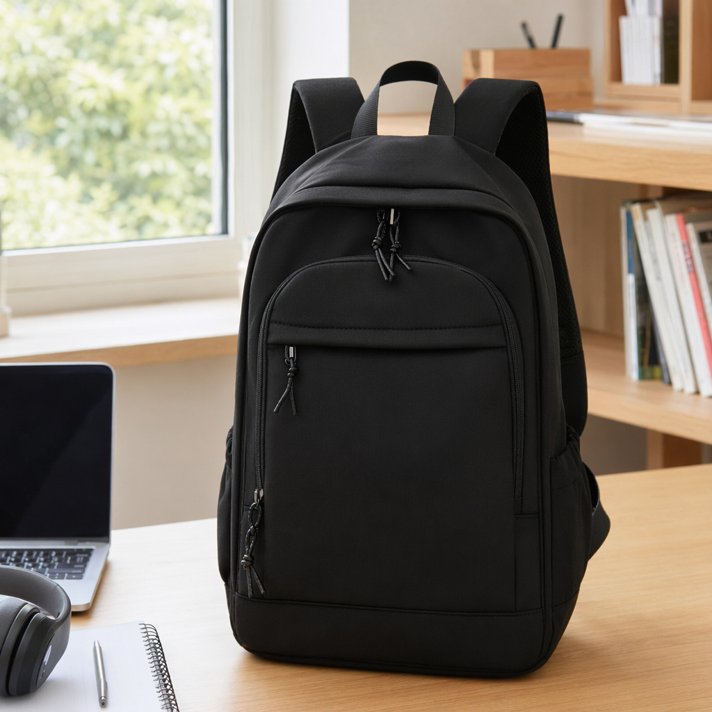 Black simple business casual backpack, suitable for both men and women, lightweight and large-capacity for commuting and travel details Picture