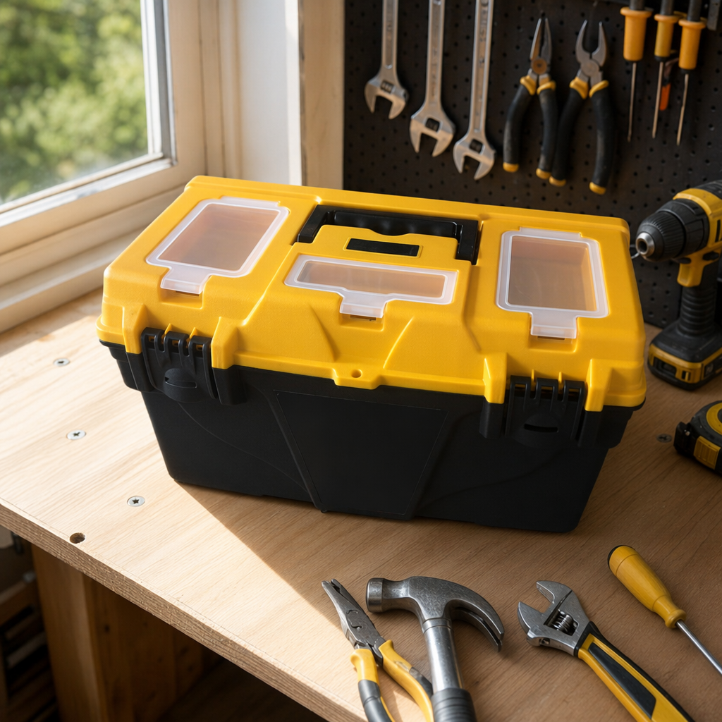 Yellow and black dual-color toolbox, tool storage box, household portable organizing box details Picture