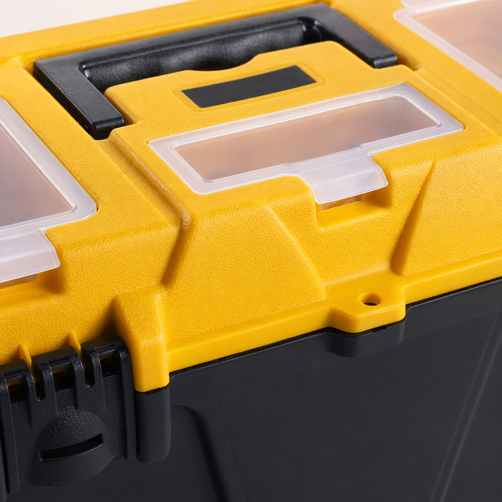 Yellow and black dual-color toolbox, tool storage box, household portable organizing box Application Scenario