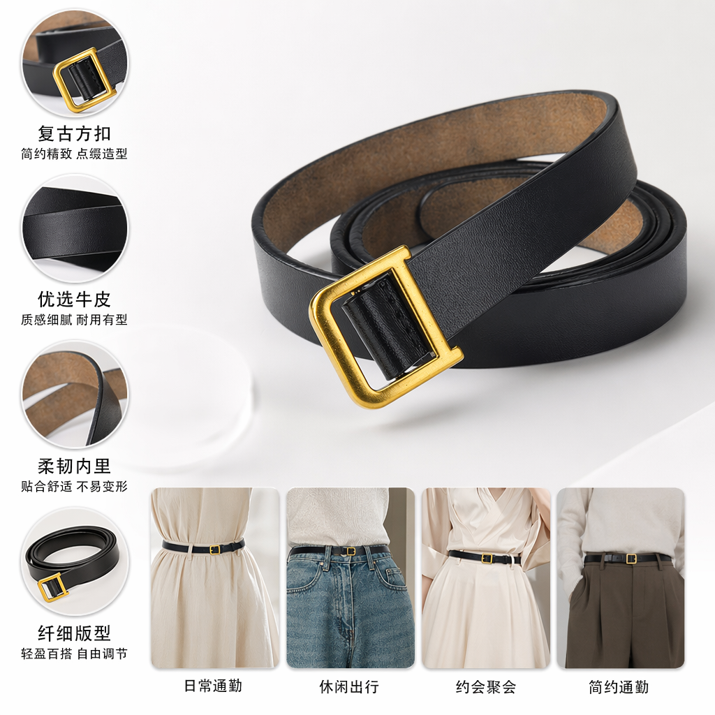 黑色皮带配金色扣环男士简约商务腰带真皮自动扣