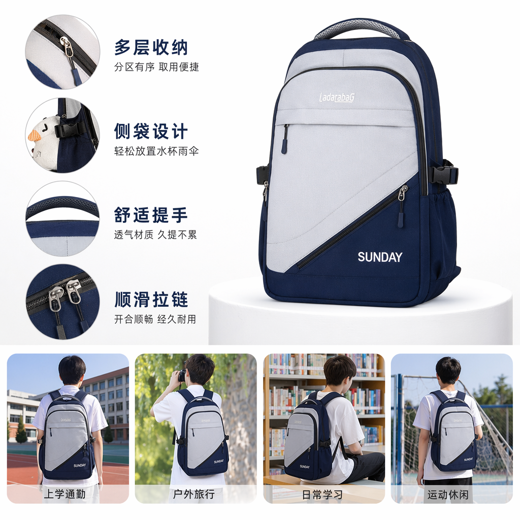 A simple and fashionable backpack in blue and white color combination, a lightweight and large-capacity student commuting bag