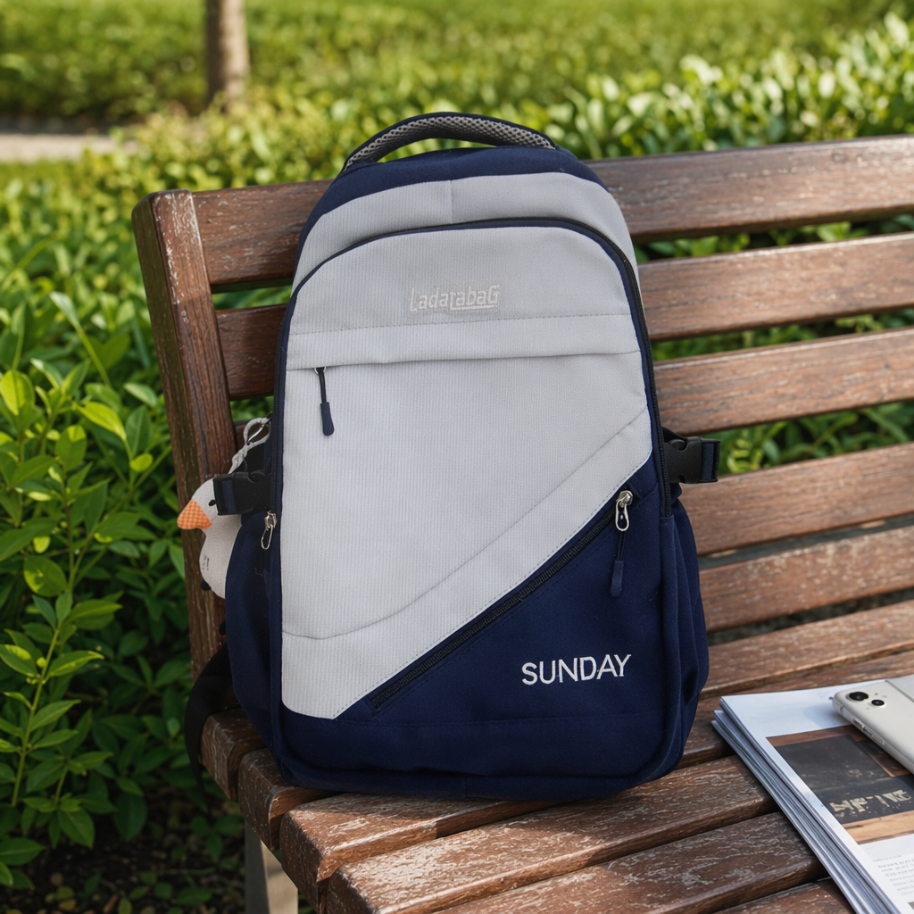 A simple and fashionable backpack in blue and white color combination, a lightweight and large-capacity student commuting bag details Picture