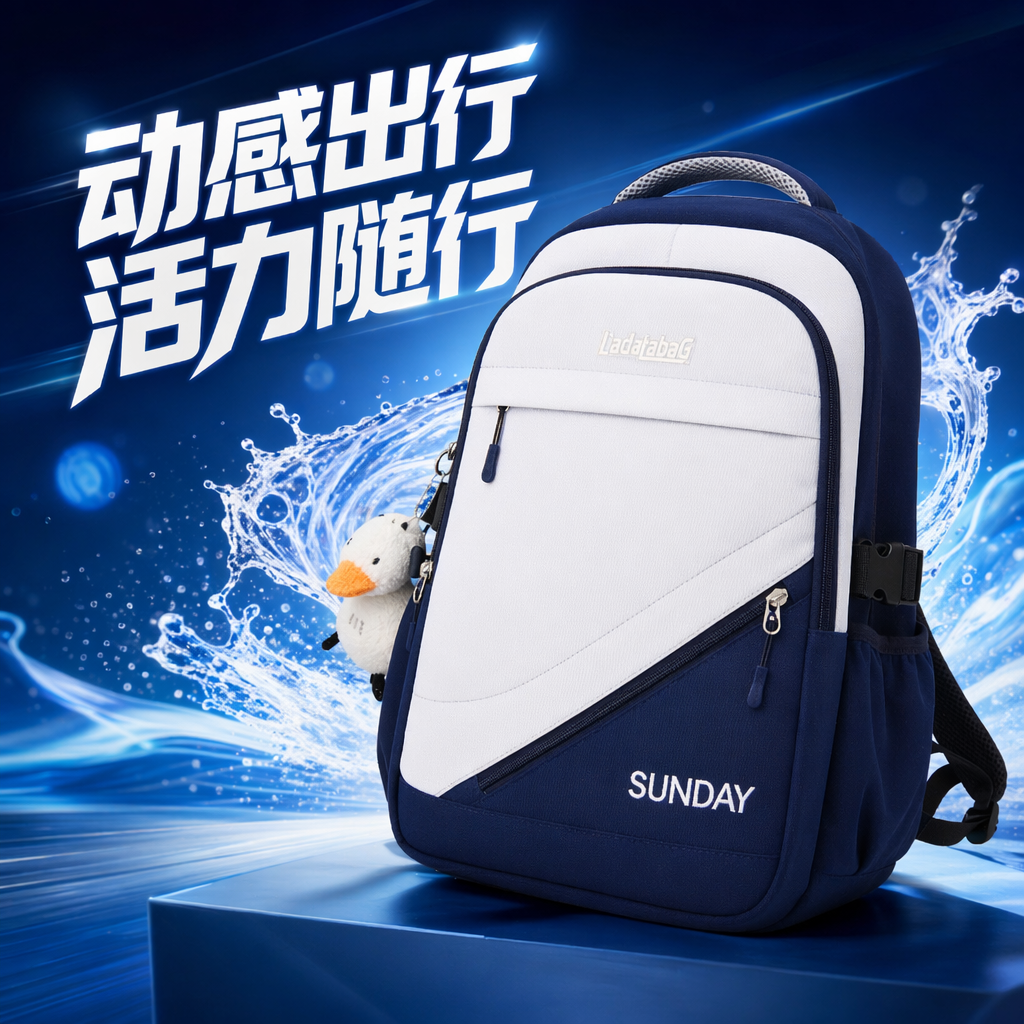A simple and fashionable backpack in blue and white color combination, a lightweight and large-capacity student commuting bag Specification image