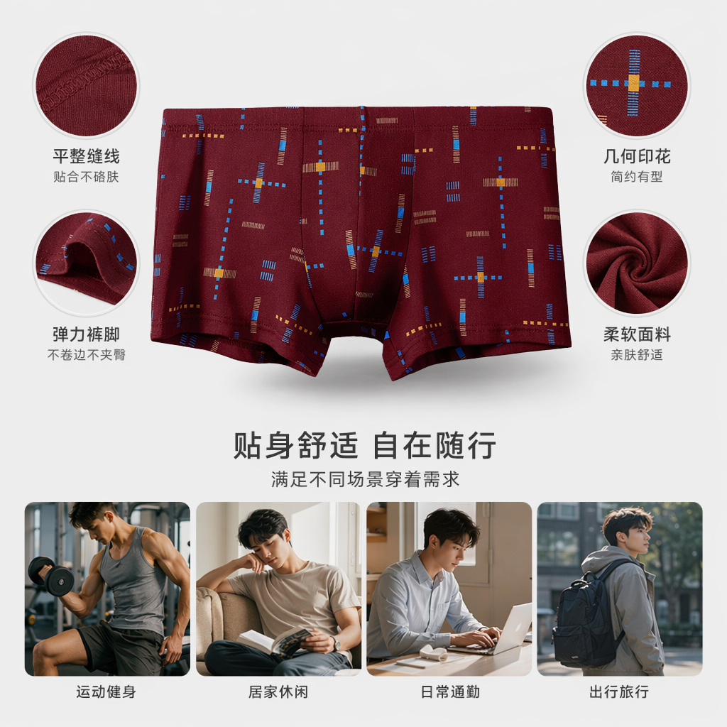 酒红色几何图案纯棉男士内裤舒适透气四角短裤