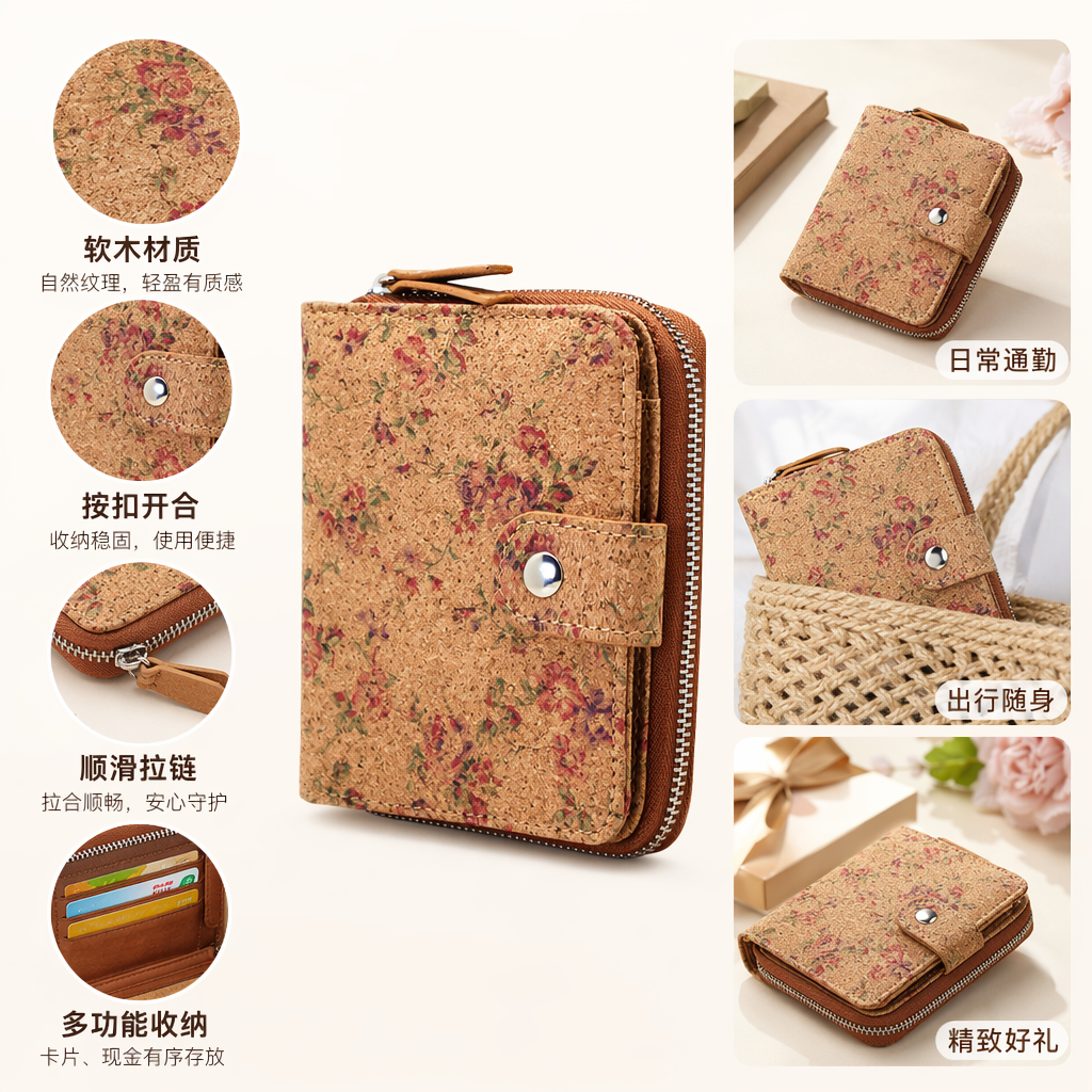 This brown floral cork lady's wallet features a lightweight, retro, simple, fashionable and niche design