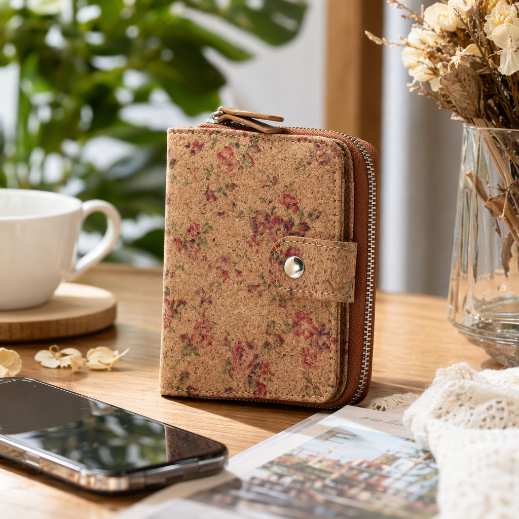 This brown floral cork lady's wallet features a lightweight, retro, simple, fashionable and niche design details Picture