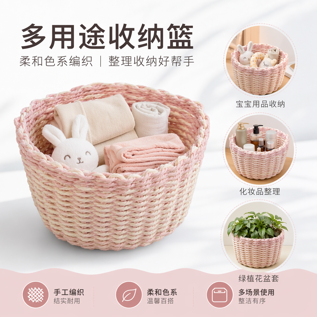 Pink and white striped woven basket for home storage, simple Nordic-style handcrafted rattan weaving