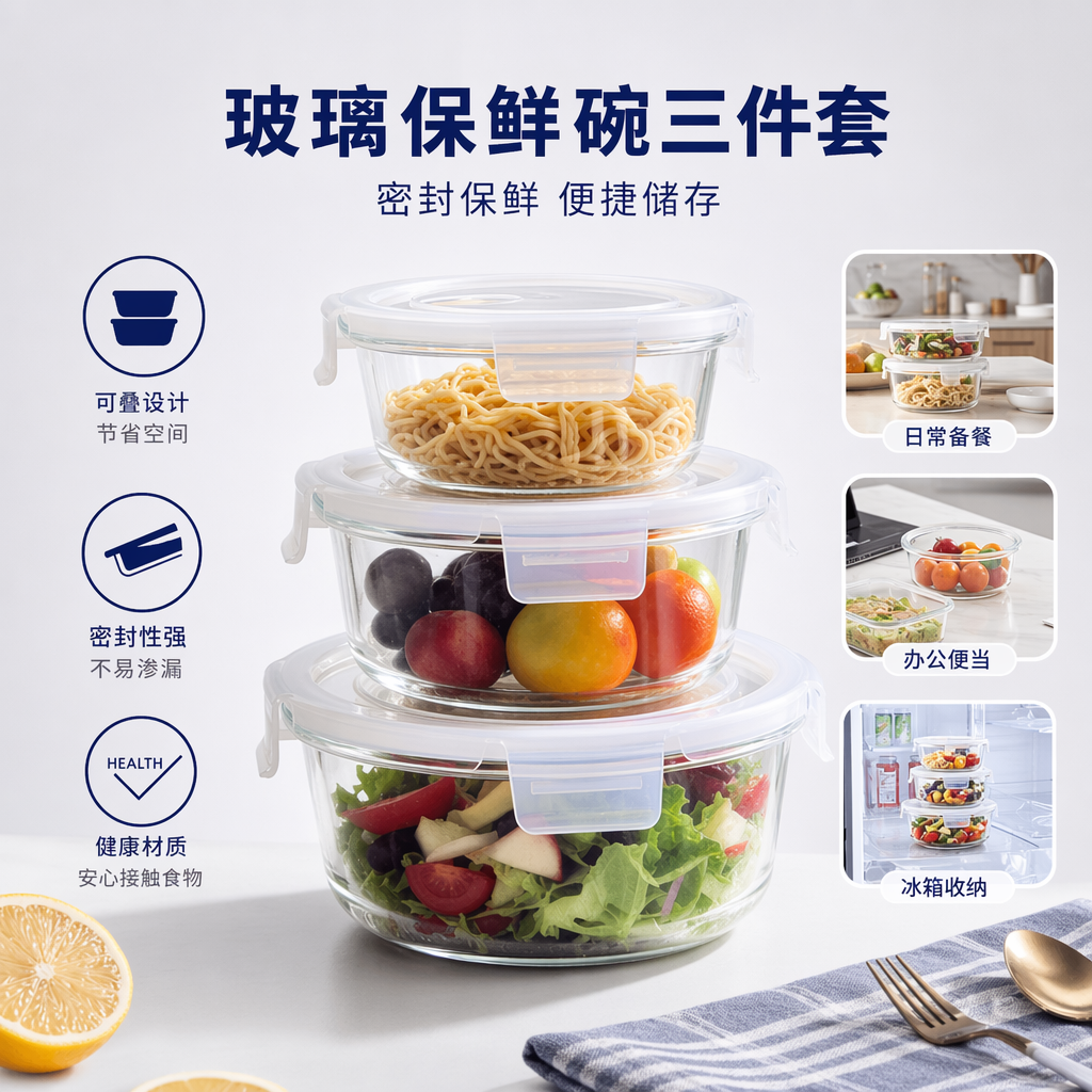 蓝色包装盒玻璃保鲜碗三件套家用密封微波炉适用