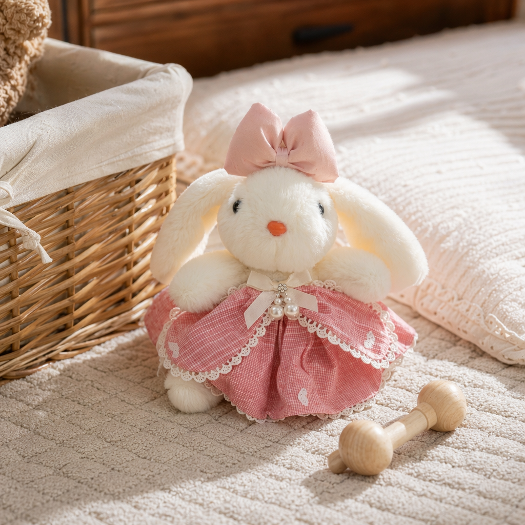 Pink bow, white rabbit plush toy, cute and fun home decoration details Picture