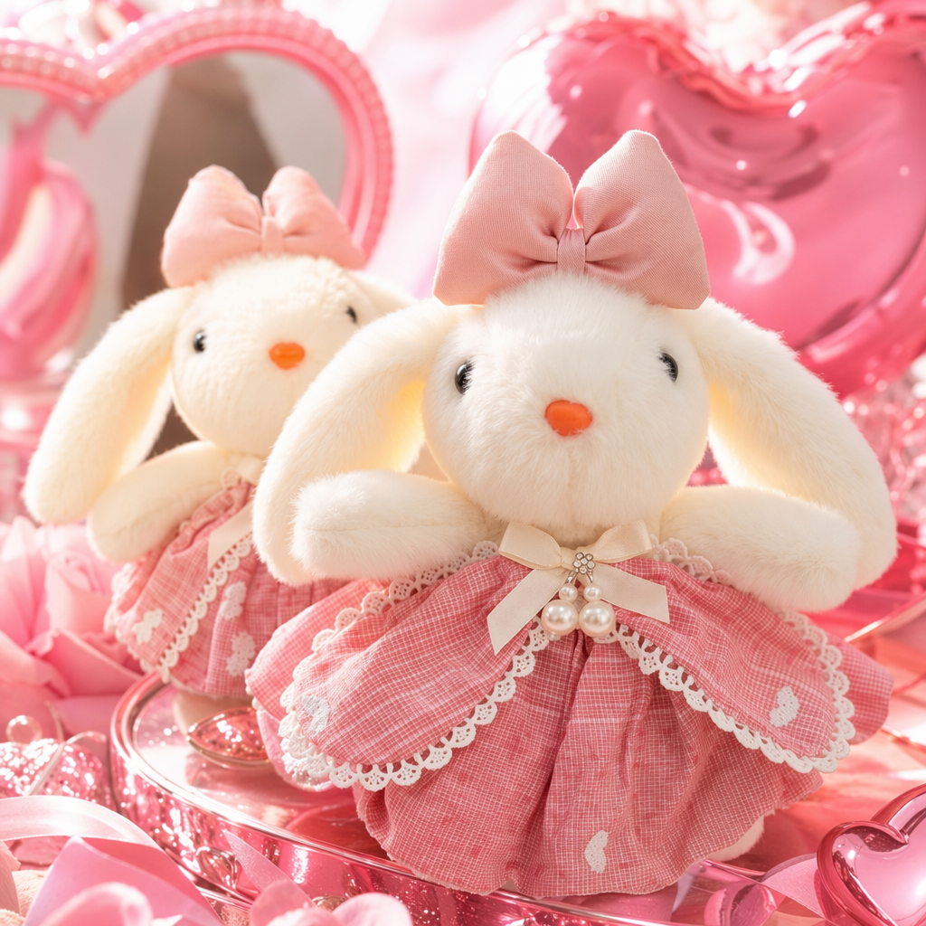Pink bow, white rabbit plush toy, cute and fun home decoration Specification image