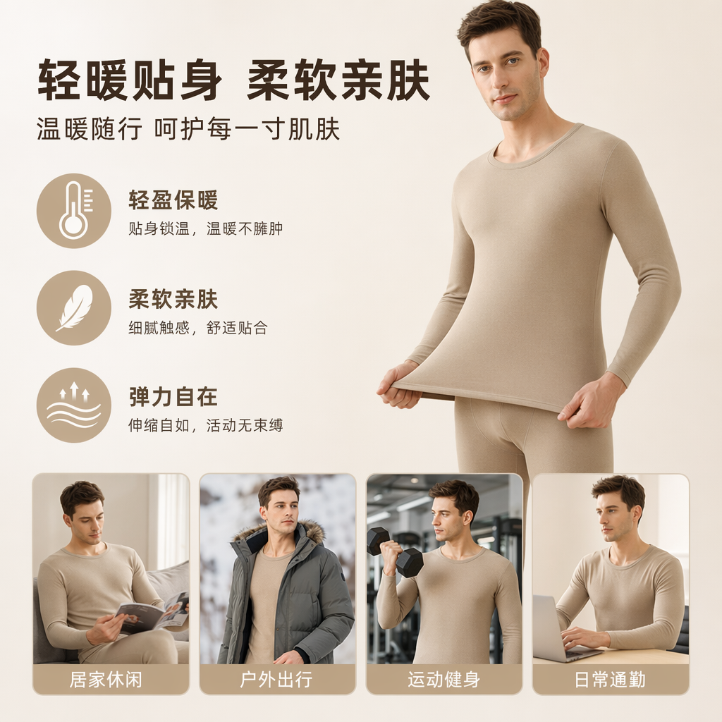 米色羊毛蚕丝保暖套装男款秋冬加厚舒适透气