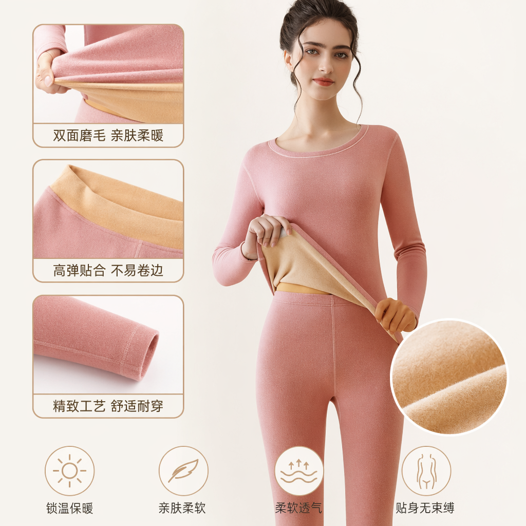 粉色羊绒蚕丝保暖套装女上衣裤子两件套
