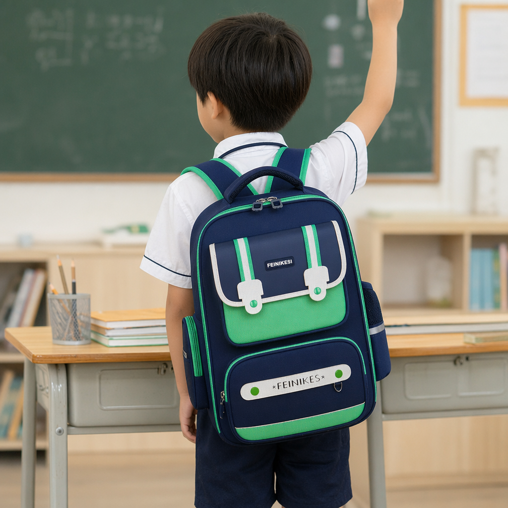 The blue and green dual-color student schoolbag is lightweight, large-capacity, simple and fashionable details Picture