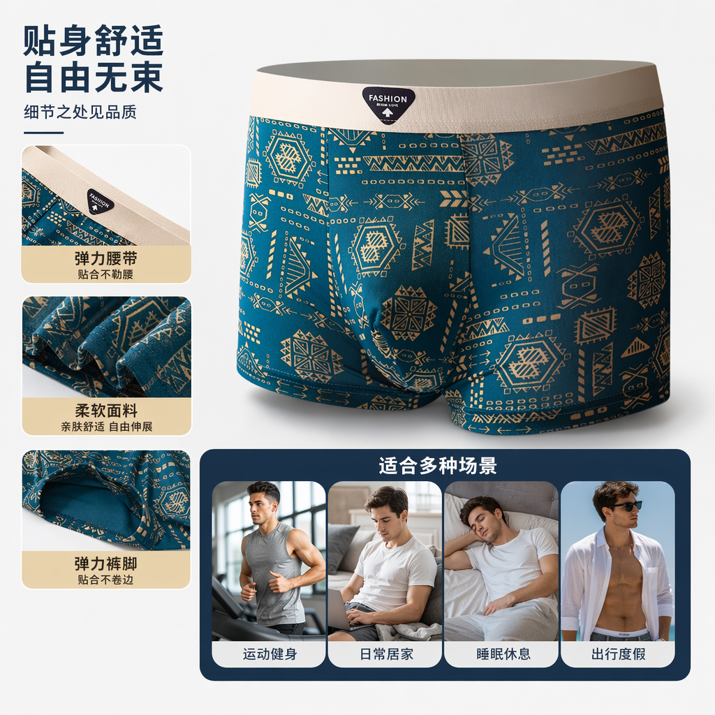 蓝色几何图案纯棉男士内裤 透气舒适简约设计