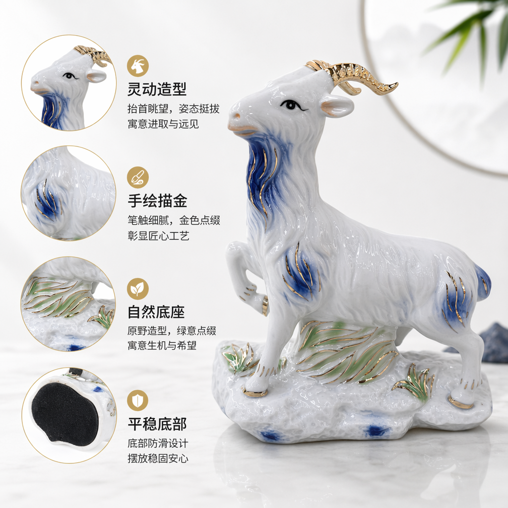 White porcelain, blue glaze, golden horn goat figurine for home decoration, living room and entrance hall handicrafts