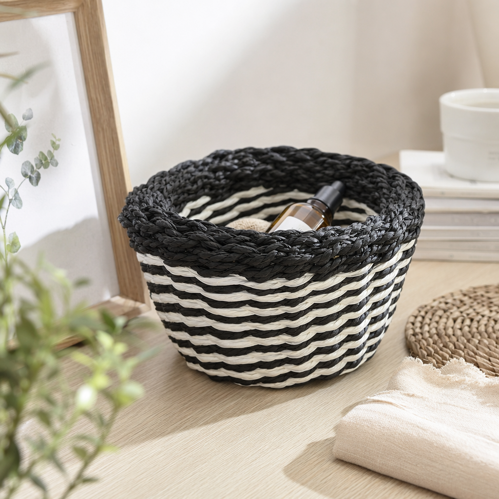 Black and white striped woven basket home storage basket, Nordic-style rattan woven storage basket details Picture