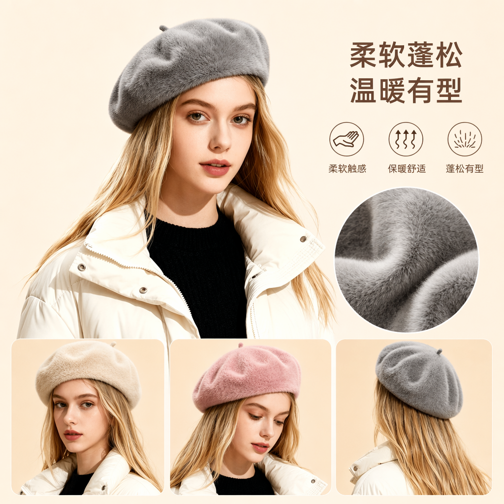 Grey plush beret for women, warm and face-enhancing in autumn and winter, small Korean-style fashionable hat, custom-made rabbit fur beret, small batch sampling, bud hat for women, British-style large-head hat, painter hat, factory direct sales