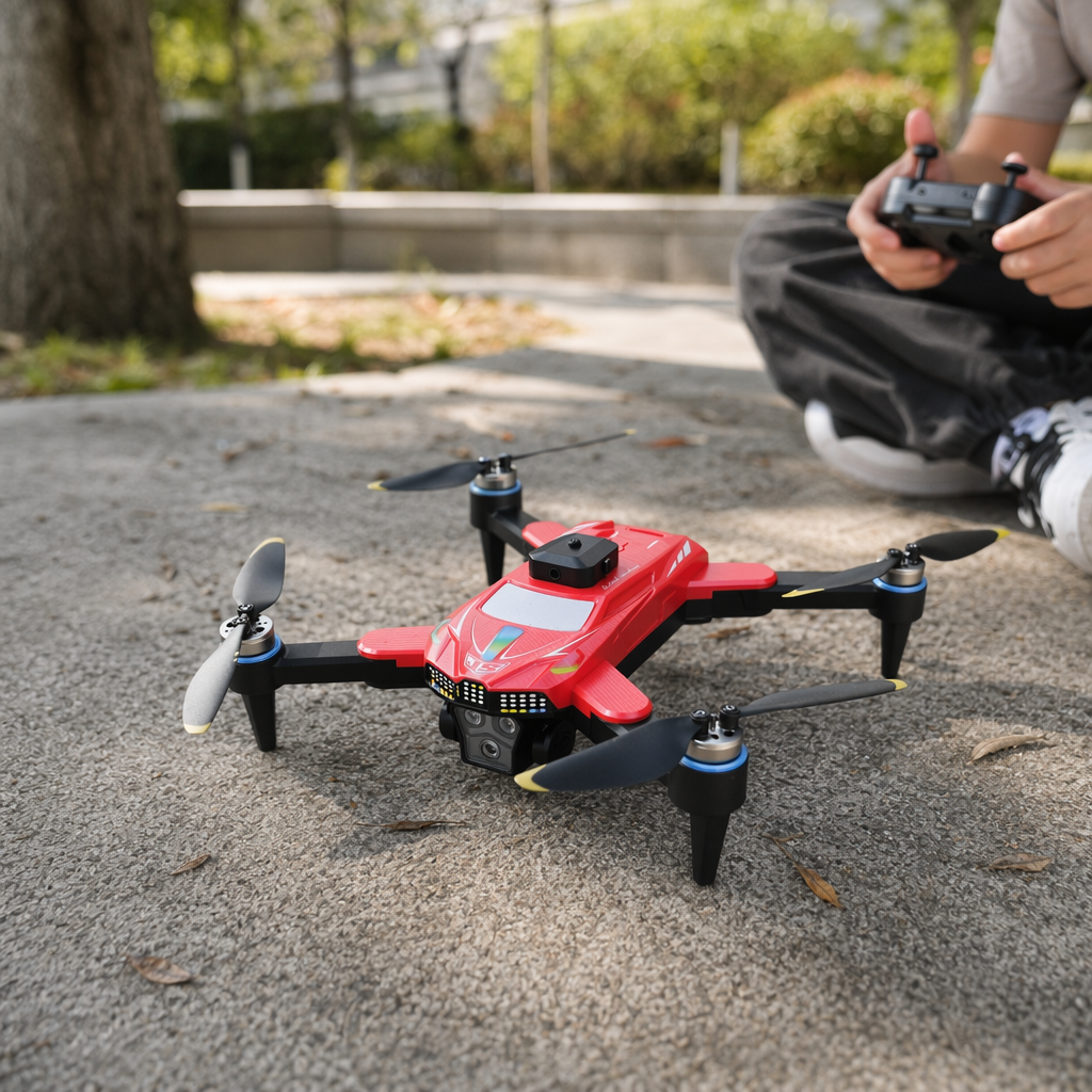 The red drone aerial photography device features a 4K high-definition remote control aircraft with a portable folding design details Picture