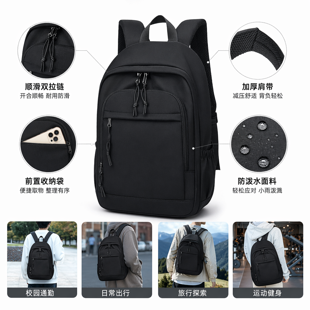 黑色尼龙防水通勤背包轻量耐磨学生上班族专用