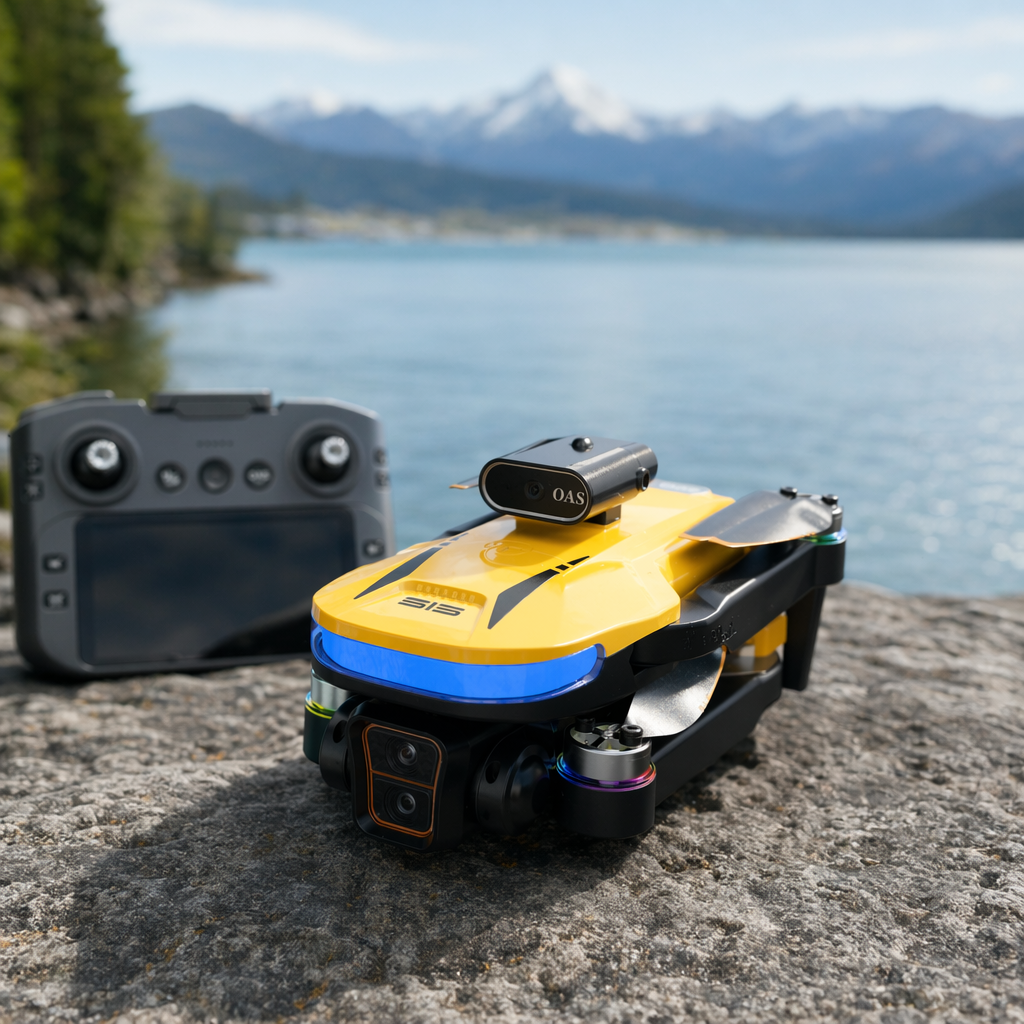 A yellow drone with black propellers, OAS lenses, dual cameras and color light rings details Picture