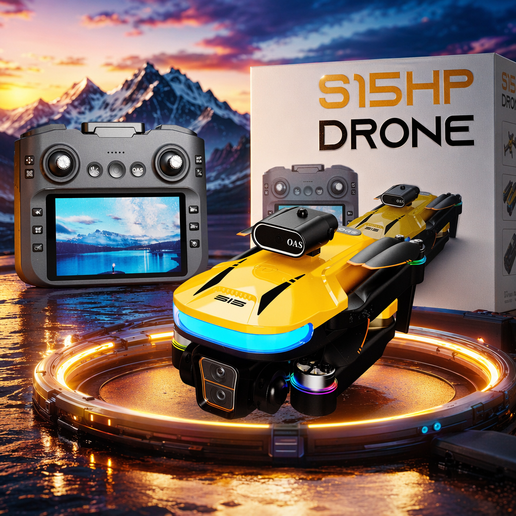 A yellow drone with black propellers, OAS lenses, dual cameras and color light rings Specification image