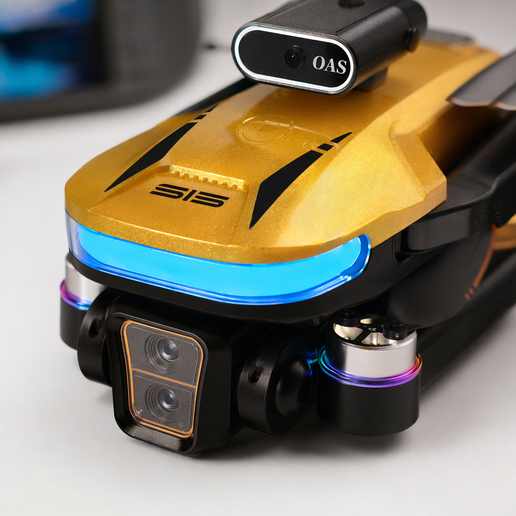A yellow drone with black propellers, OAS lenses, dual cameras and color light rings Application Scenario
