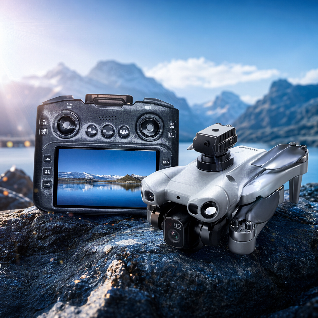 T33 PRO drone and remote control set in a white packaging box Specification image