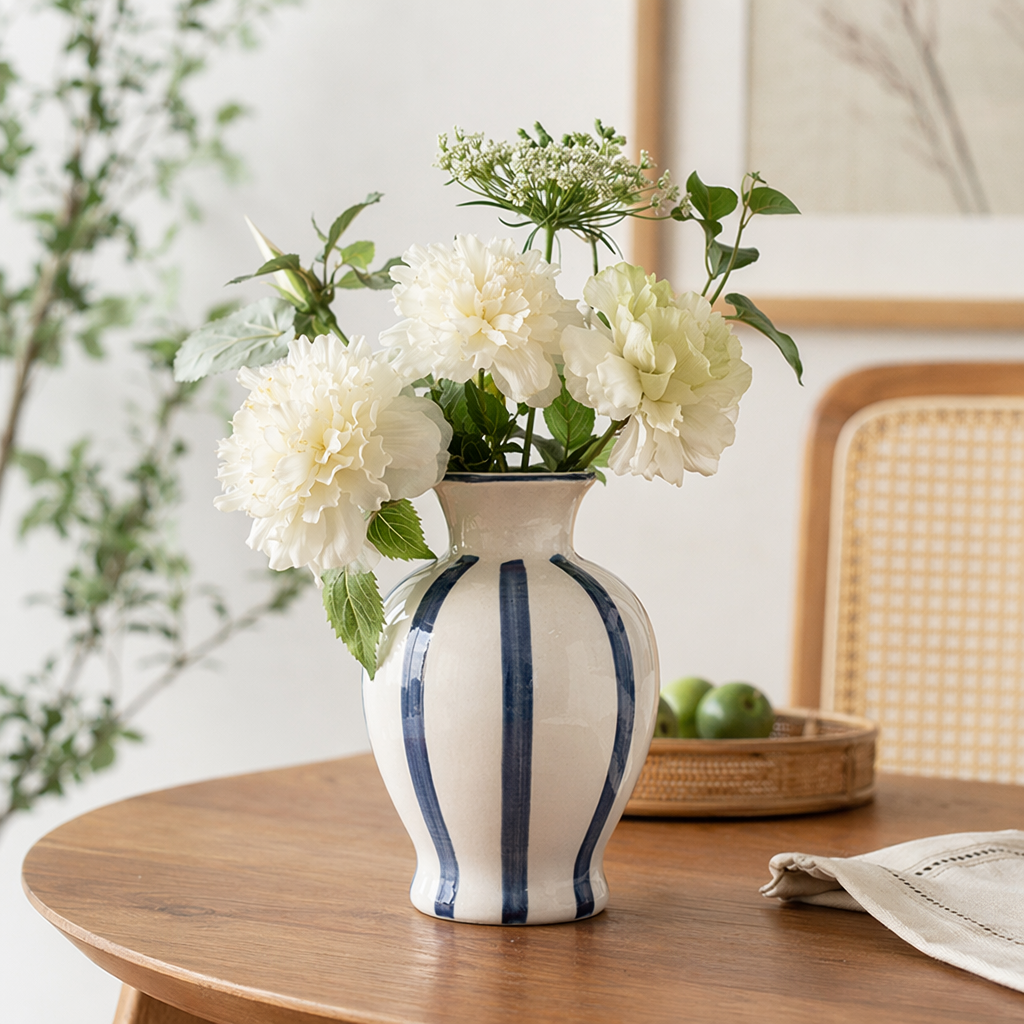 Blue and white striped ceramic vase for home living room decoration, high appearance level, Nordic style details Picture