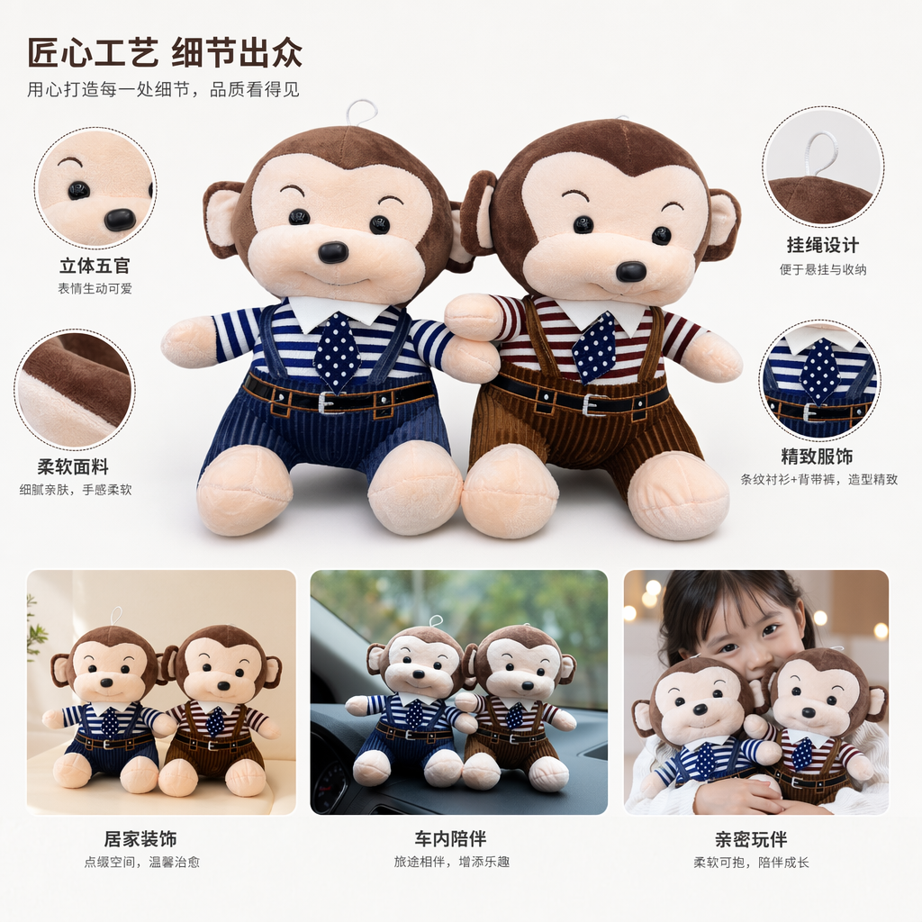 两只穿条纹衫背带裤的猴子毛绒玩偶可爱家居摆件
