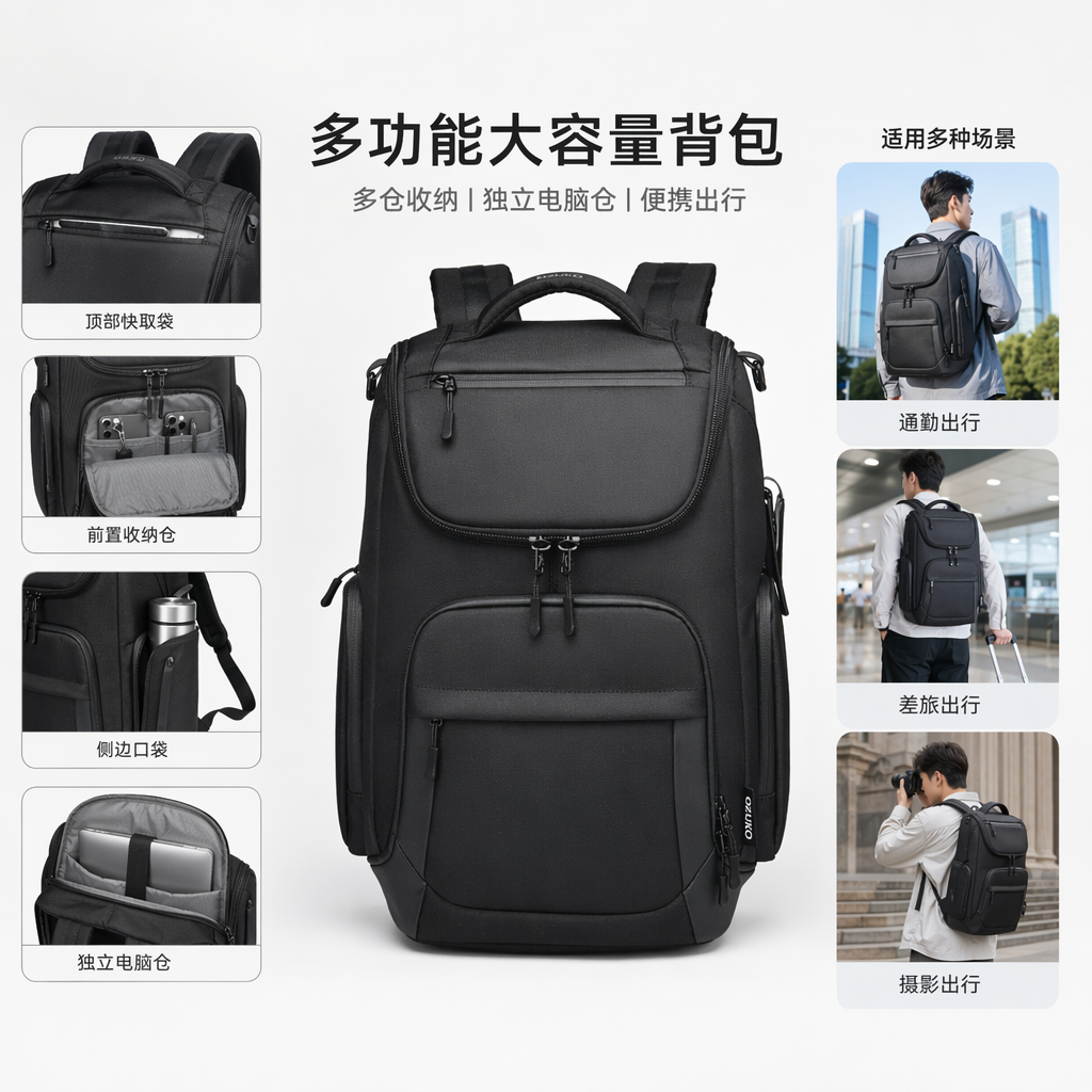 黑色双肩包轻便大容量学生通勤旅行背包男女同款