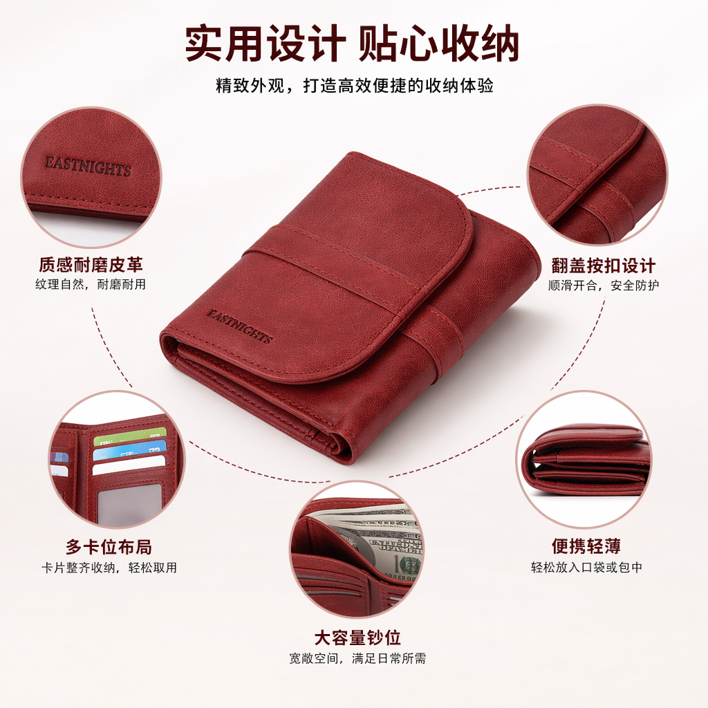 Red leather wallet, a simple and fashionable long leather coin pocket bag for women