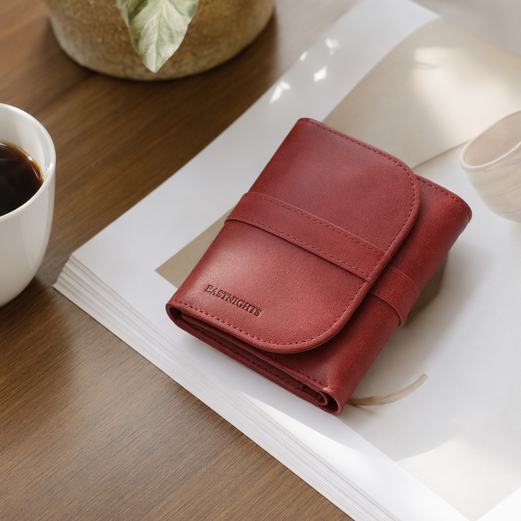 Red leather wallet, a simple and fashionable long leather coin pocket bag for women details Picture