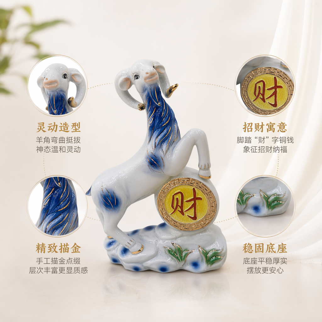 白瓷羊雕像蓝金彩绘踏石衔财字牌家居摆件