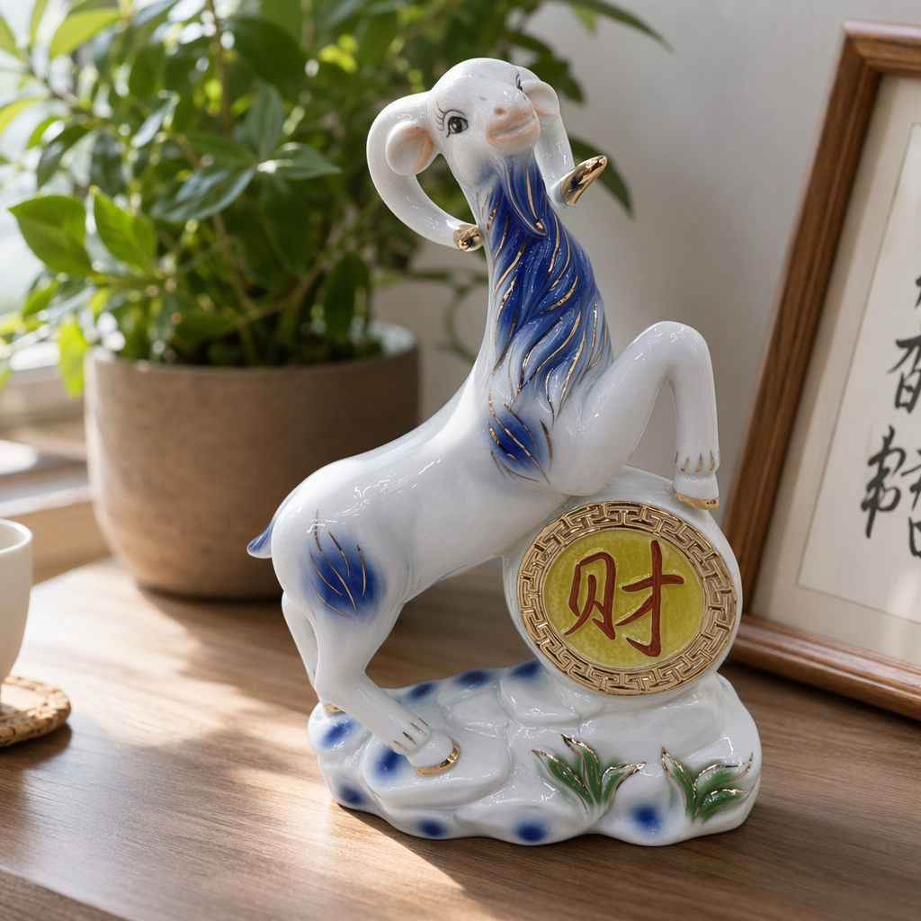白瓷羊雕像蓝金彩绘踏石衔财字牌家居摆件 details Picture