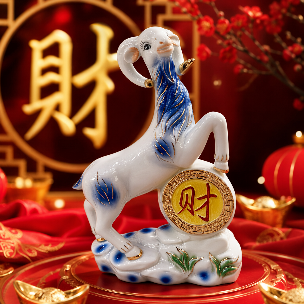 白瓷羊雕像蓝金彩绘踏石衔财字牌家居摆件 Specification image