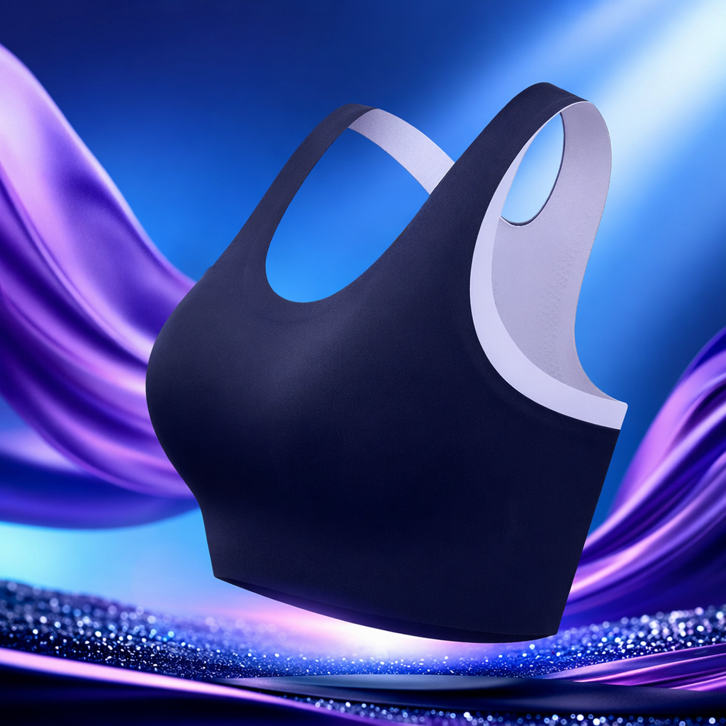 Deep blue seamless BRA with wide shoulder strap design, this sports bra gently supports the chest and has a cloud-like color contrast effect Specification image