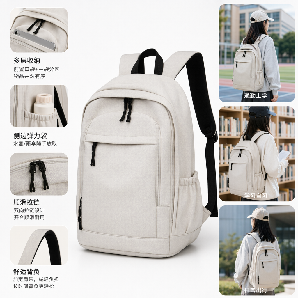 White backpack with nylon waterproof, lightweight, wear-resistant and large capacity for daily commuting to school