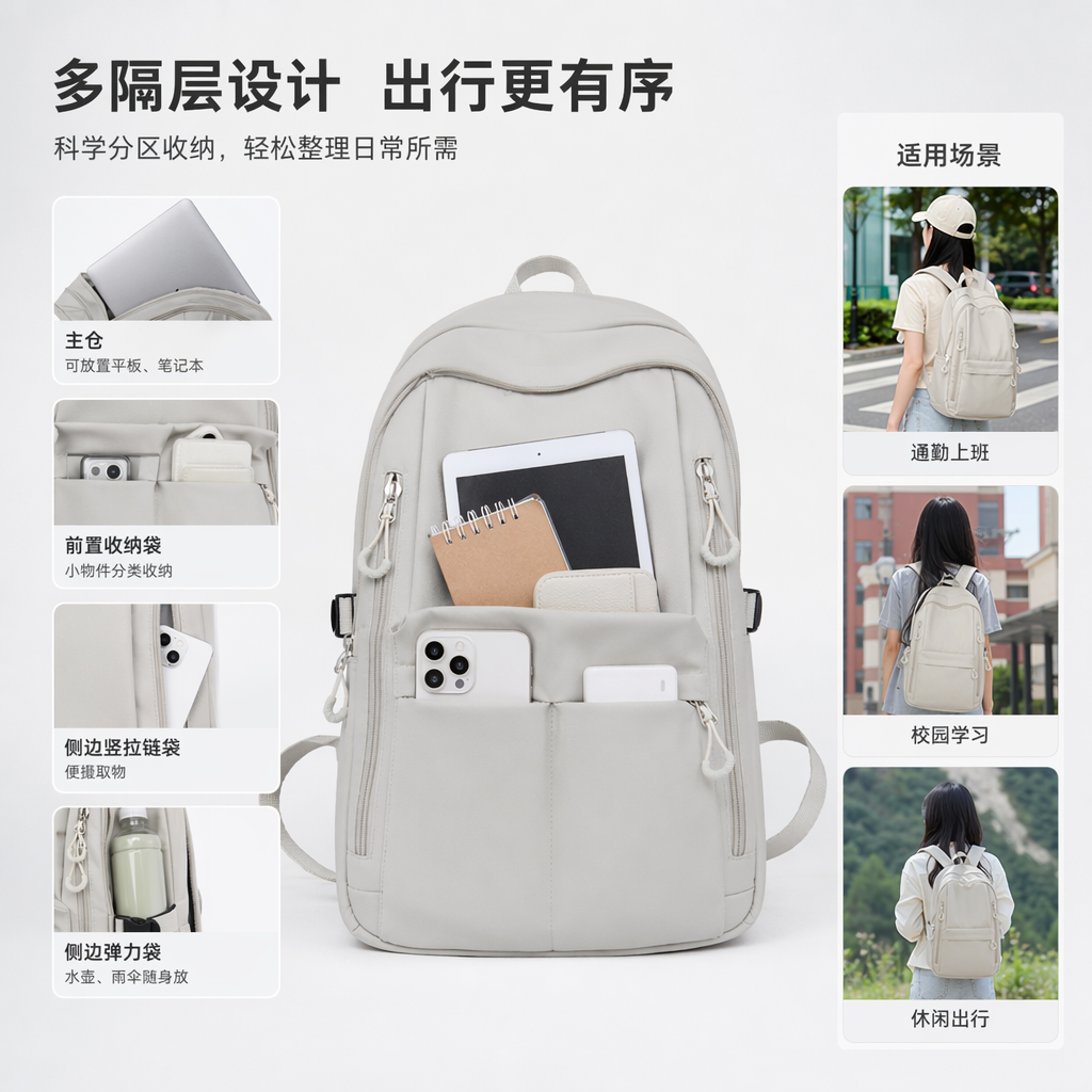 The light grey backpack is a lightweight and large-capacity student commuting and leisure backpack