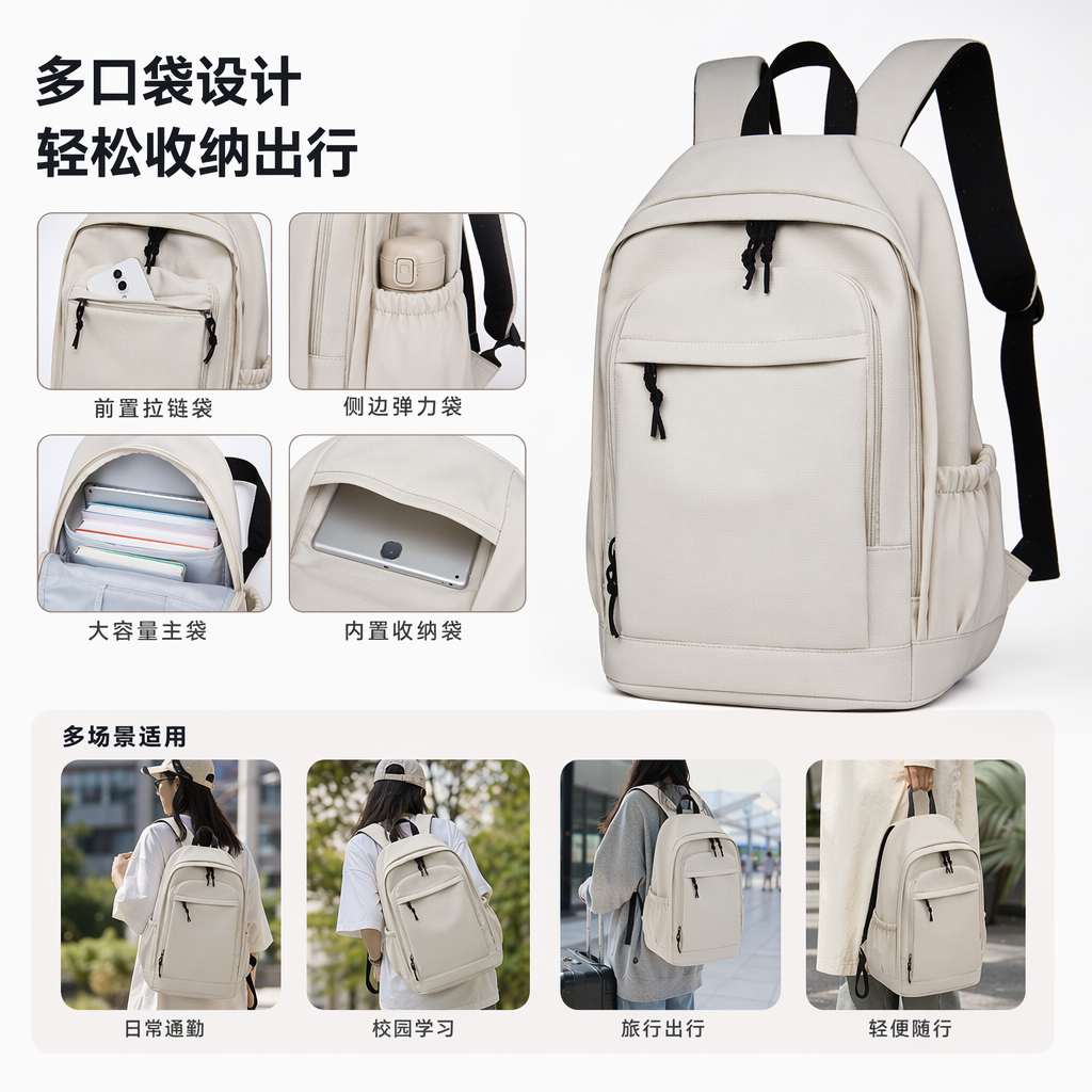 白色双肩包简约百搭轻便大容量学生通勤旅行背包