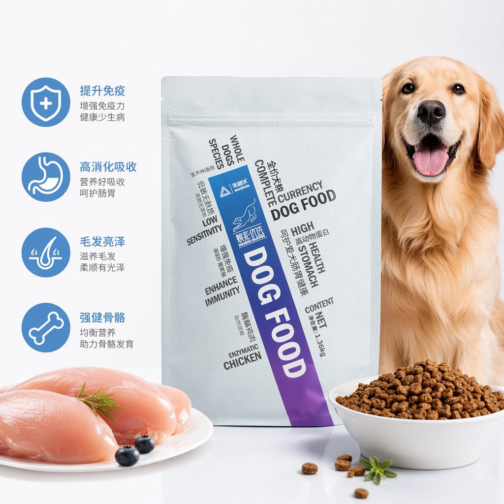 Light gray packaging bag dog food and pet dry food, natural formula, balanced nutrition