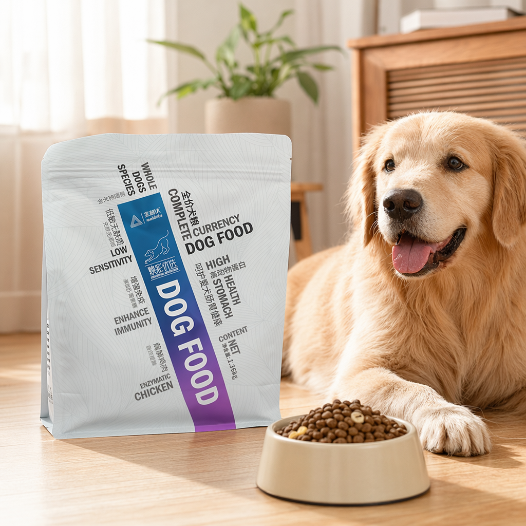 Light gray packaging bag dog food and pet dry food, natural formula, balanced nutrition details Picture
