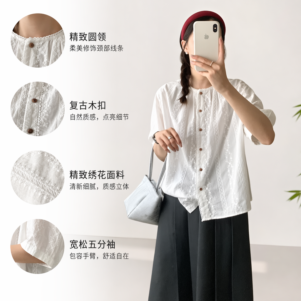 白色蕾丝短袖衬衫女纯棉修身显瘦夏季上衣